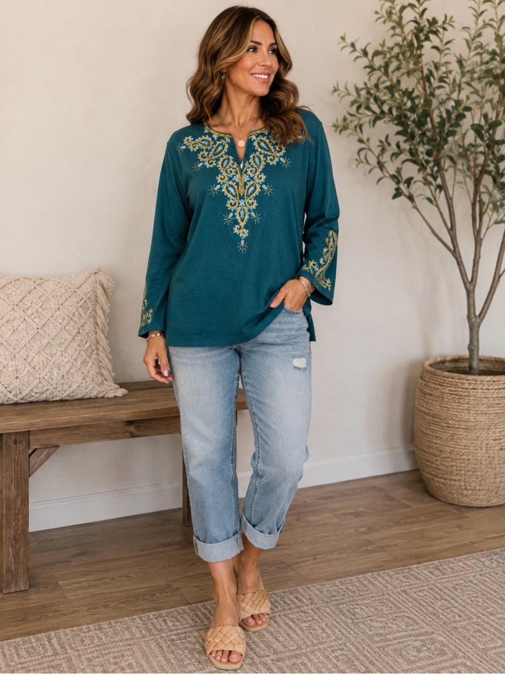 Bob Mackie Wearable Art Teal Blue Embroidered Paisley Long Sleeve Top Large NEW